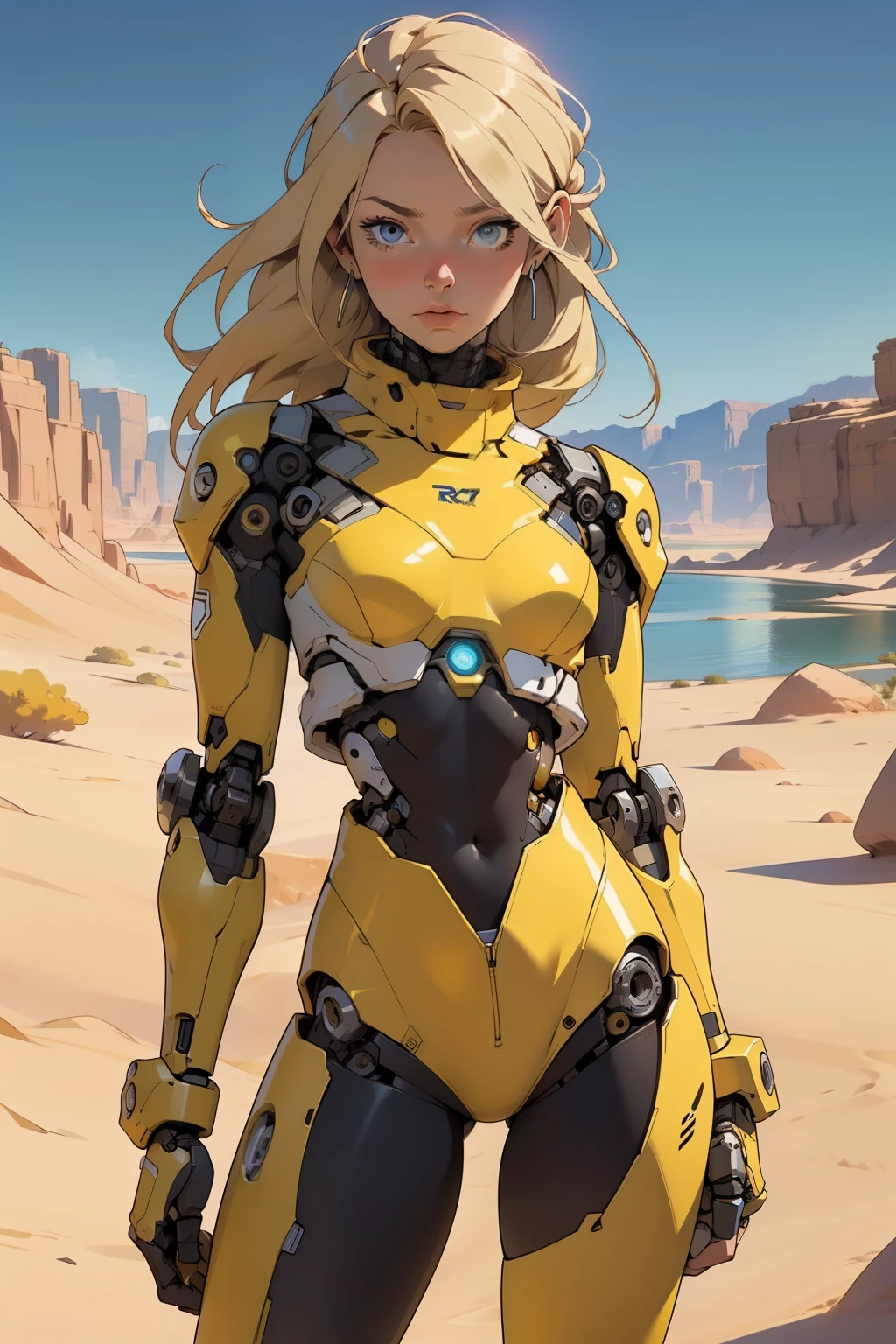high quality, 4k, masterpiece, beautiful, cyborg girl, cowboy shot, dull eyes, front, looking at viewer, long blonde hair, girl, small breasts, fit thighs, robotic arms, robotic body, cyborg body, yellow uniform, red accent, intricate detail, joint, detailed lines, robotic detail, holding fist up, holding hand up as fist, color robotic parts, robotic parts with color, perfect fingers, on a desert planet, sunny background, colorful desert, a river or a lake in the background