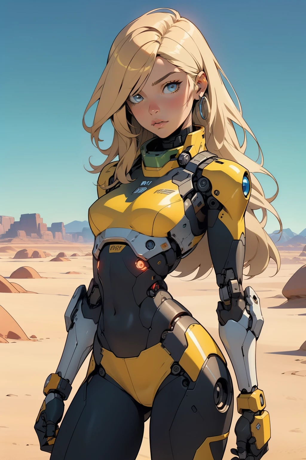 high quality, 4k, masterpiece, beautiful, cyborg girl, cowboy shot, dull eyes, front, looking at viewer, long blonde hair, girl, small , fit thighs, robotic arms, robotic body, cyborg body, yellow uniform, red accent, intricate detail, joint, detailed lines, robotic detail, holding fist up, holding hand up as fist, color robotic parts, robotic parts with color, perfect fingers, on a desert planet, sunny background, colorful desert, a river or a lake in the background