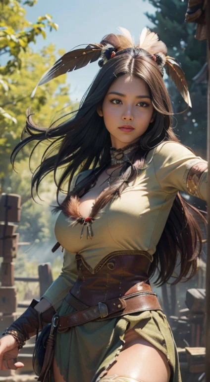 shaman girl, huge breast. full colours In stone Valley. Big feathers, linked to fire