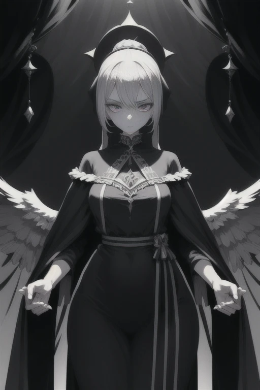 royal nuns cabaret，Jelly gelatin hollow protective film，Smooth marble statue of the goddess，the angel's wings，platinum ponytail，Masterpiece Sams，shocked expression，Dark cinematic lights inside the cave，slender posture，Slender marble stripes cover the body，JK clothing，Kazlan’s charming face，Rococo art,