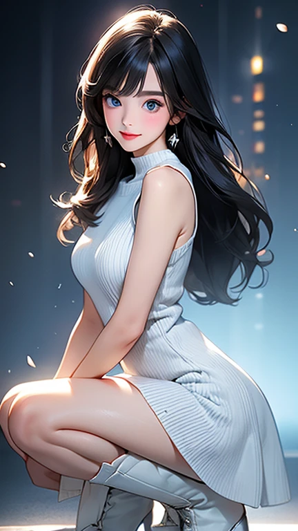 (8K, 超High resolution, highest quality, debris flies:1.2),(26 years old:1.2)、(big smile)、(look away)、8K、Japanese girl raw portrait、超High resolution、highest quality、 (small breasts:1.5),(sleeveless knit dress:1.5)、(from below:1.2)、walk、support your chest with your hands、(panty shot:1.2)、(city:1.4) Blake is (natural skin texture、fine skin、hyper realism、Super sharpness)、intricate details、Depth of written boundary、idol sculpture、actress model pose、 lady、、long black hair、Rear view、beautiful butt、star piece、highest quality、High resolution))、(1 girl)、(realistic:1.4)、alone、close your mouth、Smile、smile happily、pretty black hair、Big eyes、Clear double eyelids、eyelash、stick out ears、long neck、Absolute area、beautiful clavicle、perfect face、bangs、きれいなbangs、thin lips、Fair skin、small face、face becomes smaller、draw all the heads、look slightly upward at the camera、(look at the audience、eye highlights、Bright blue eyes、lip gloss chest bulge、squat、white boots、