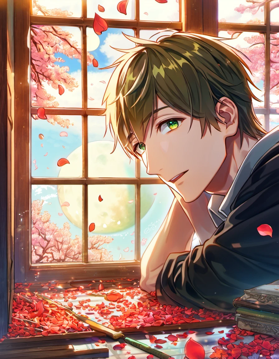 absurdres, highres, ultra detailed, HDR), master piece, best quality, Tachibana Makoto, brown hair, expressive green eyes, Free, 1man, handsome, window, moon, petals