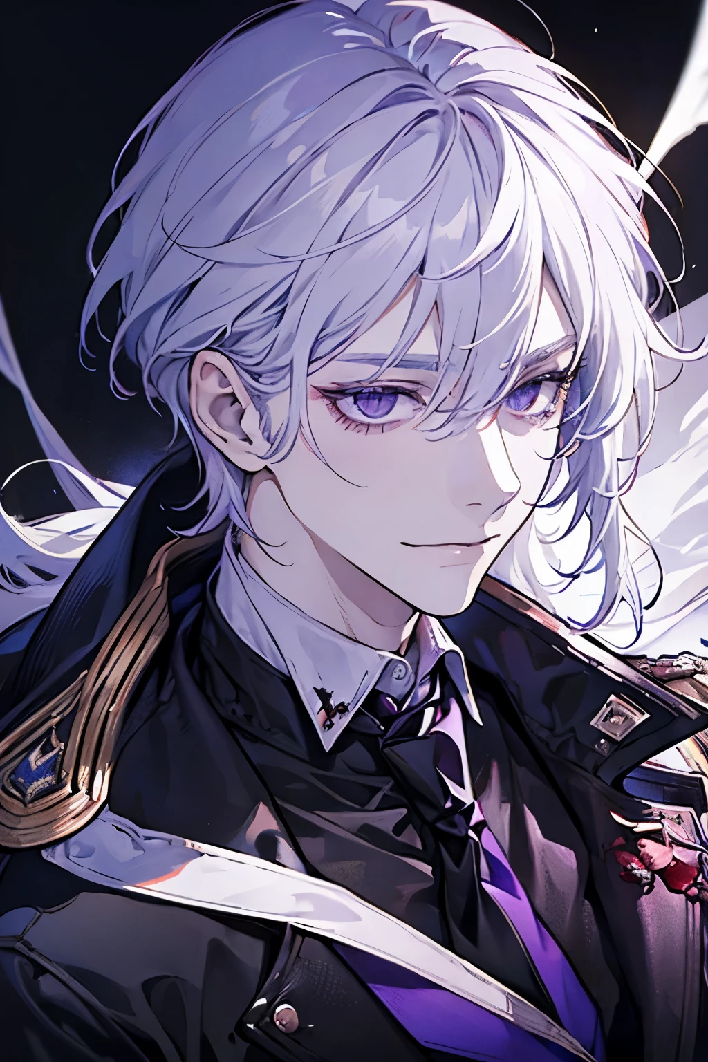 (masterpiece, best quality), solo, male focus, 1male, white collared shirt, (blood_on_clothes), white hair, purple eyes, smile facial, black necktie, black coat, skulls, crows