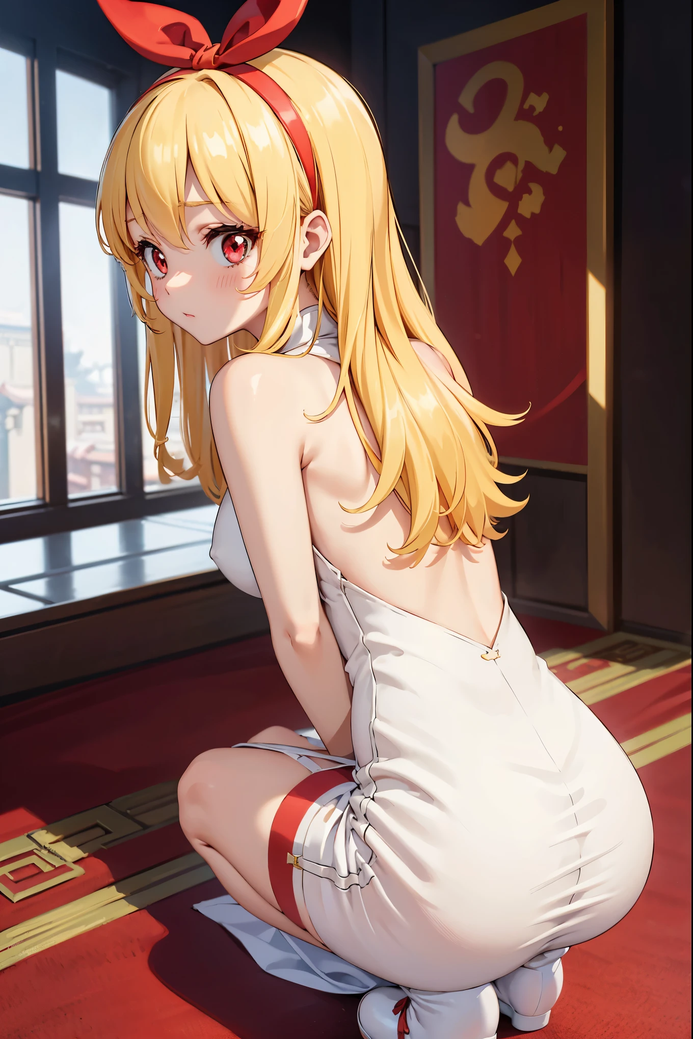 (red ribbon on hairband:1.2),masterpiece, best quality, highres, 1girl, solo, Blonde hair, RED eyes, High resolution, good lighting, , (No ), (((White China dress))), (turn around and look back),from below, (((squatting))), (garter belt), abdomen only, (ass Fo), , cute face,embarrassed and blush, humiliating, (T-back),(a large amount of is on the body,)