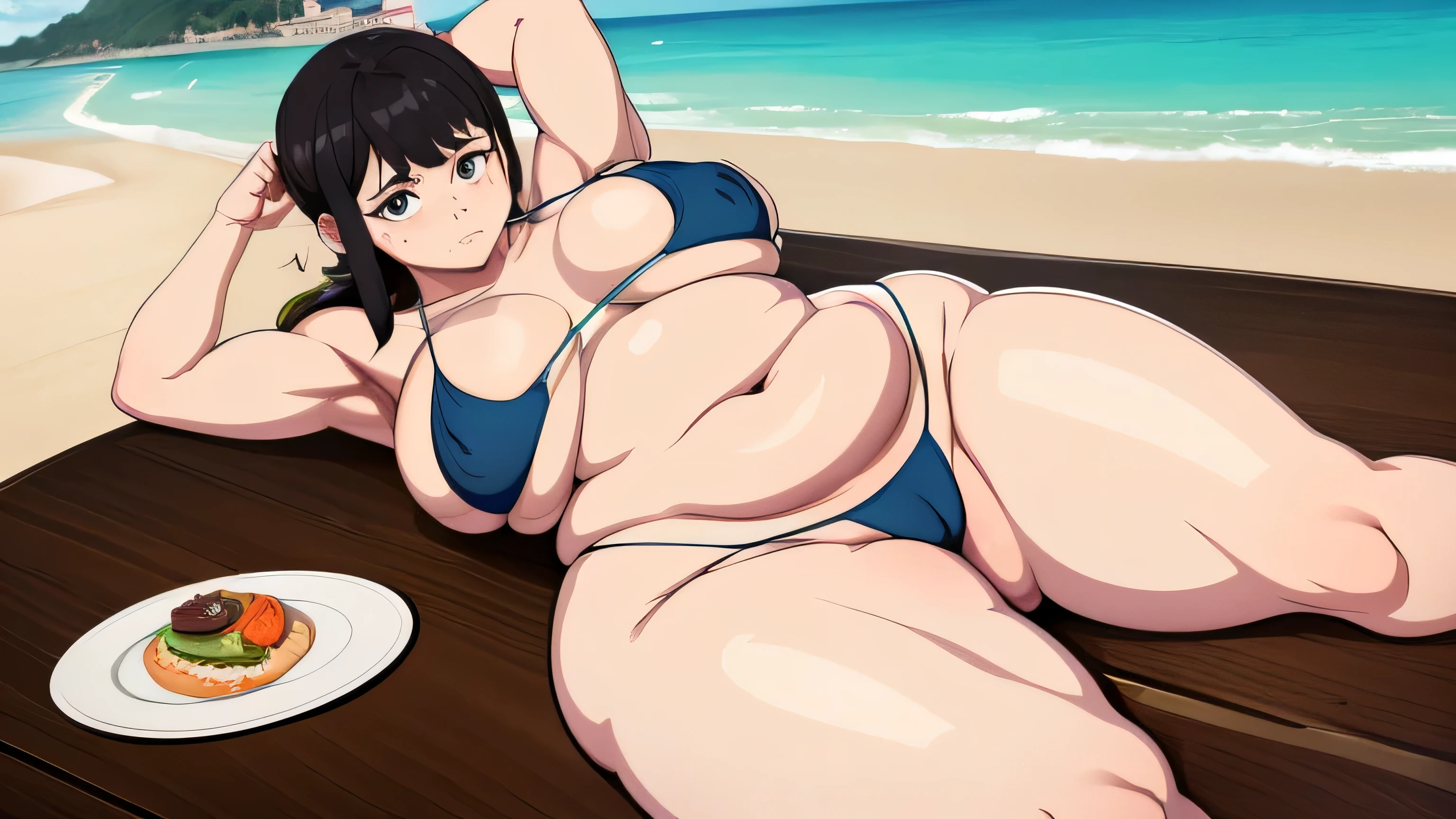 kobeni, obra de arte, 1girl, quadris largos, coxas grossas, bikini, envergonhada, muito gorda, obesa, restaurante, ficando mais gorda, ficando super gorda, 250 kilos de peso, praia, Summer
