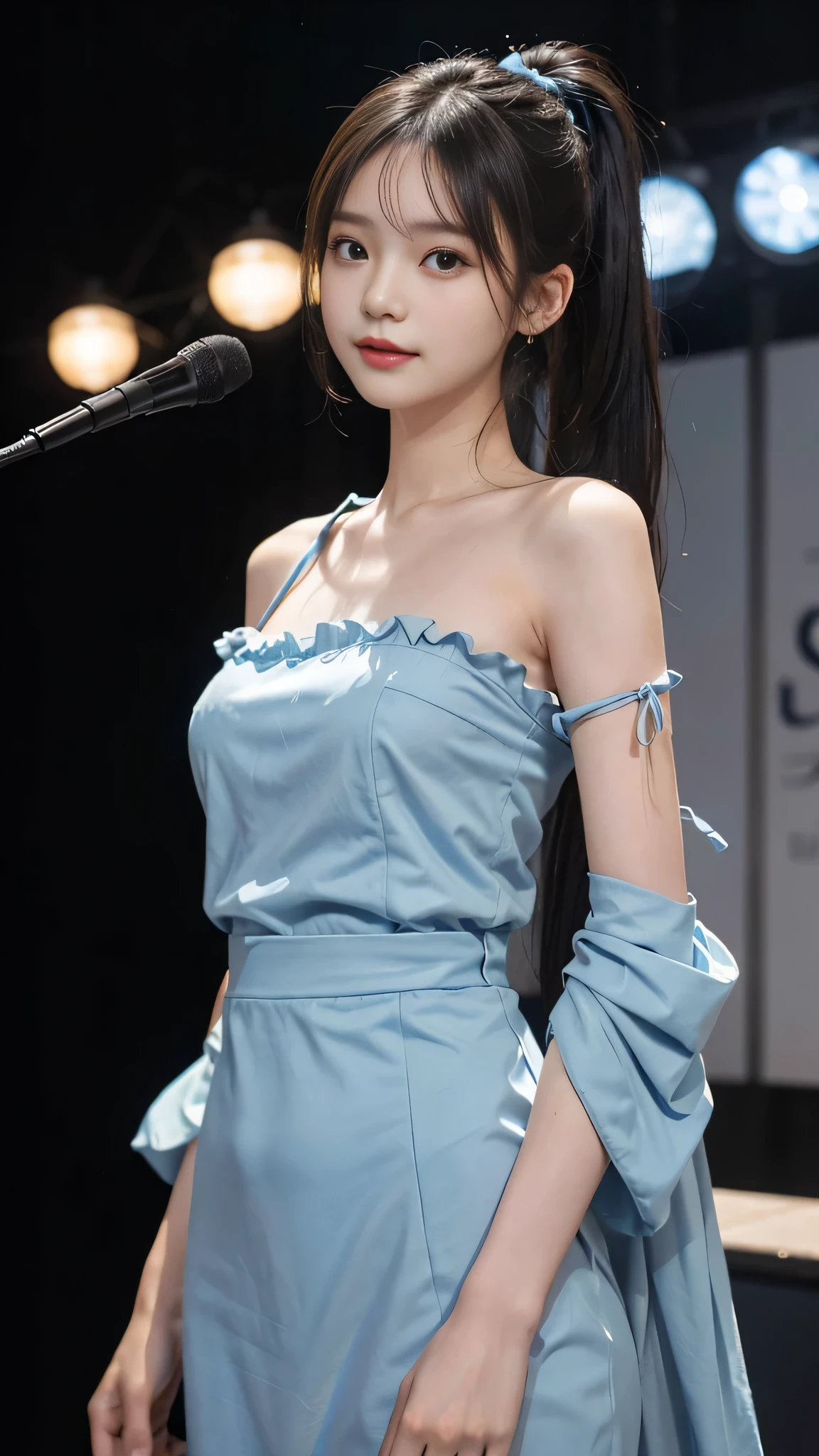 one woman,full body photo,table top, best image quality, high quality, The background is clear，Beautiful woman, Japanese, be familiar with, be familiar with eyes, be familiar with skin, beautiful skin, 超High resolution, (reality: 1.4),very beautiful woman, a little young face, beautiful skin, thin, (ultra photoreal sim), (High resolution), (8k), (非常にbe familiar with) (beautiful detailed eyes), (超be familiar with), (be familiar with face), view viewer, small details, be familiar with face, look straight ahead, look straight ahead, reality的な写真, bright lighting, professional lighting, black hair,ponytail,a baby face,15 years old,髪型はponytailです,ロングponytailの髪型,slight smile,neatly organized clothes,Beautiful Japanese KPOP idol photo, ヘアスタイルはponytailです, my eyes are double and wide, baby face, smile and look straight ahead, thin, small breasts,close up face,Long blue dress with lots of frills, soft shaped skirt, stand on stage, moderately exposed skin, have a microphone,blue ribbon on head,