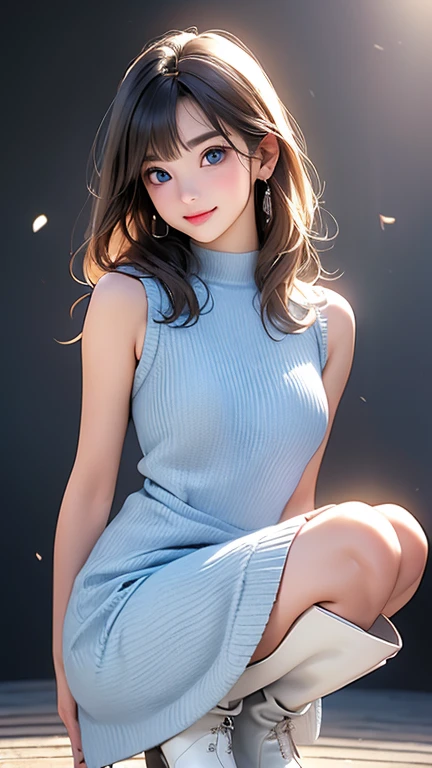 (8K, 超High resolution, highest quality, debris flies:1.2),(26 years old:1.2)、(big smile)、(look away)、8K、Japanese girl raw portrait、超High resolution、highest quality、 (small breasts:1.5),(sleeveless knit dress:1.5)、(from below:1.2)、walk、support your chest with your hands、(panty shot:1.2)、(city:1.4) Blake is (natural skin texture、fine skin、hyper realism、Super sharpness)、intricate details、Depth of written boundary、idol sculpture、actress model pose、 lady、、long light brown hair、Rear view、beautiful butt、star piece、highest quality、High resolution))、(1 girl)、(realistic:1.4)、alone、close your mouth、Smile、smile happily、pretty black hair、Big eyes、Clear double eyelids、eyelash、stick out ears、long neck、Absolute area、beautiful clavicle、perfect face、bangs、きれいなbangs、thin lips、Fair skin、small face、face becomes smaller、draw all the heads、look slightly upward at the camera、(look at the audience、eye highlights、Bright blue eyes、lip gloss chest bulge、squat、white boots、