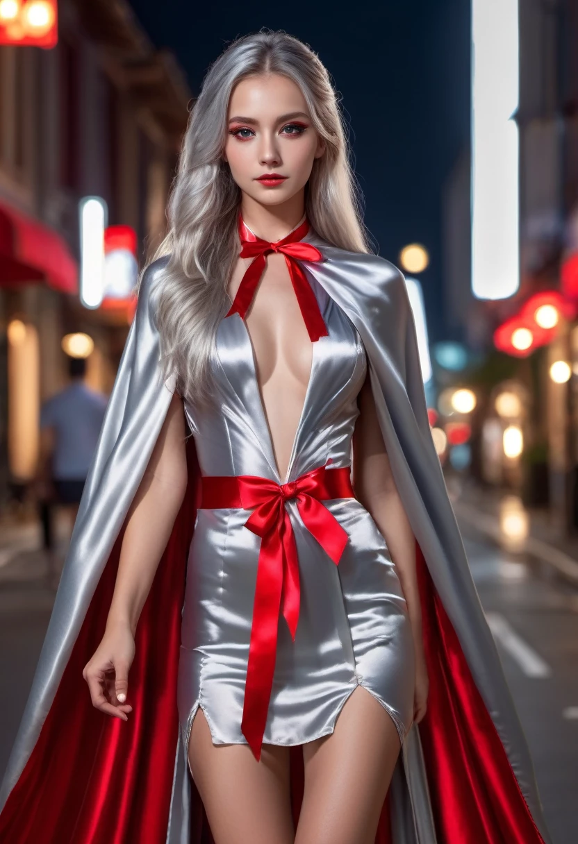 (RAW Photo) , (highly detailed:1.20) , ultra realistic :1.10) ,sexy girl in her 20s , (perfect face:1.20) , (detailed red eyes:1.20) , with long silver hair in ponytail , (((long silver satin cape tied at the neck with a ribbon :1.20))) , naked , full body, walking down street at night , high-quality ultra realistic style, detailed eyes, professional, expressive , 8K , highly detailed , professional,
