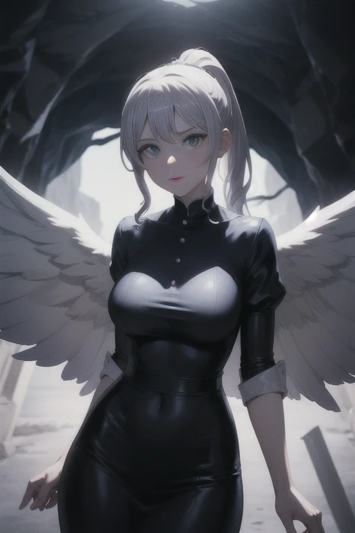 royal nuns cabaret,Jelly gelatin hollow protective film,Smooth marble statue of the goddess,the angel's wings,platinum ponytail,Masterpiece Sams,shocked expression,Dark cinematic lights inside the cave,slender posture,Slender marble stripes cover the body,JK clothing,Kazlan’s charming face,Rococo art,