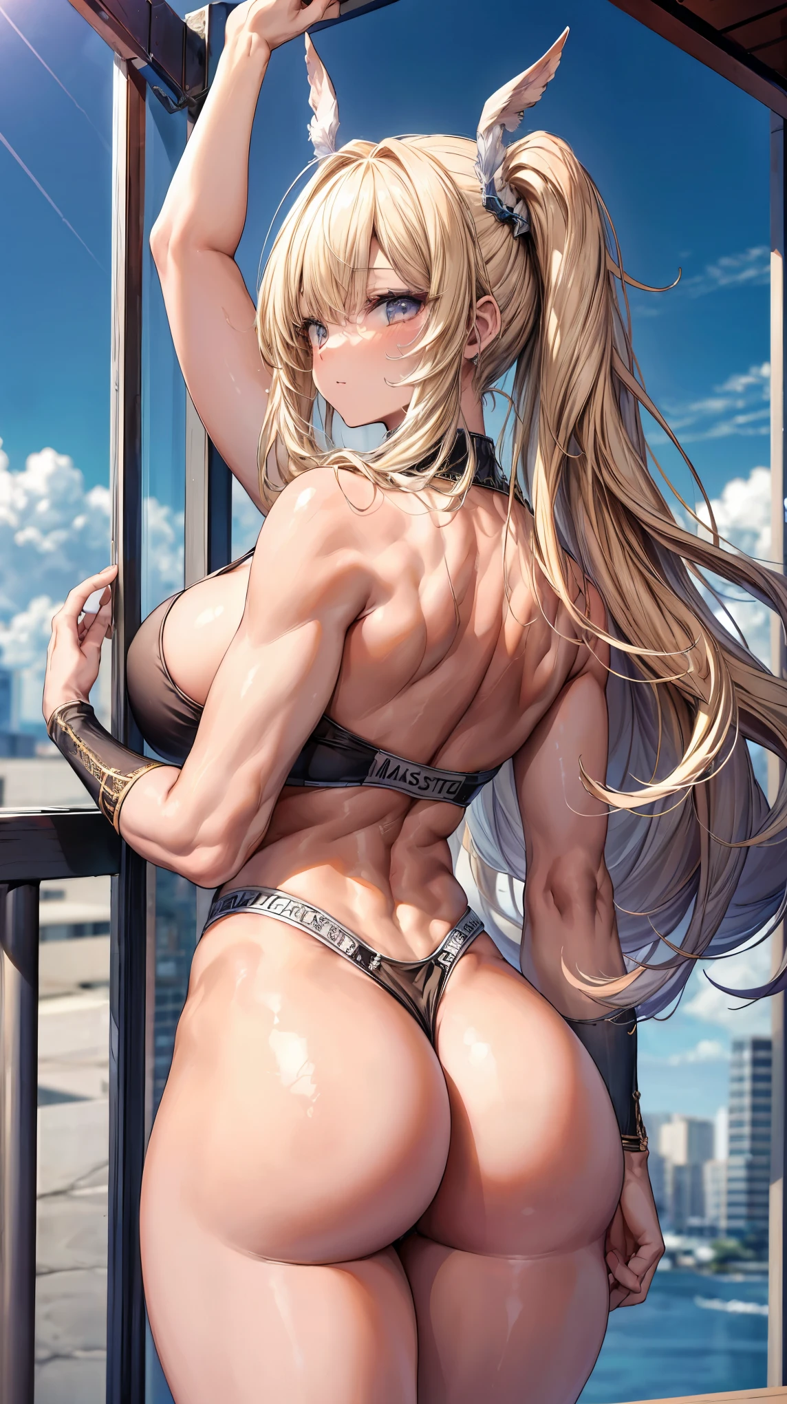 ultra-detailed、highest quality、Highest image quality、master piece、8K、blonde curly hair、(SFW huge body)、(((Rear view)))、cowboy shot、Wearing a thong