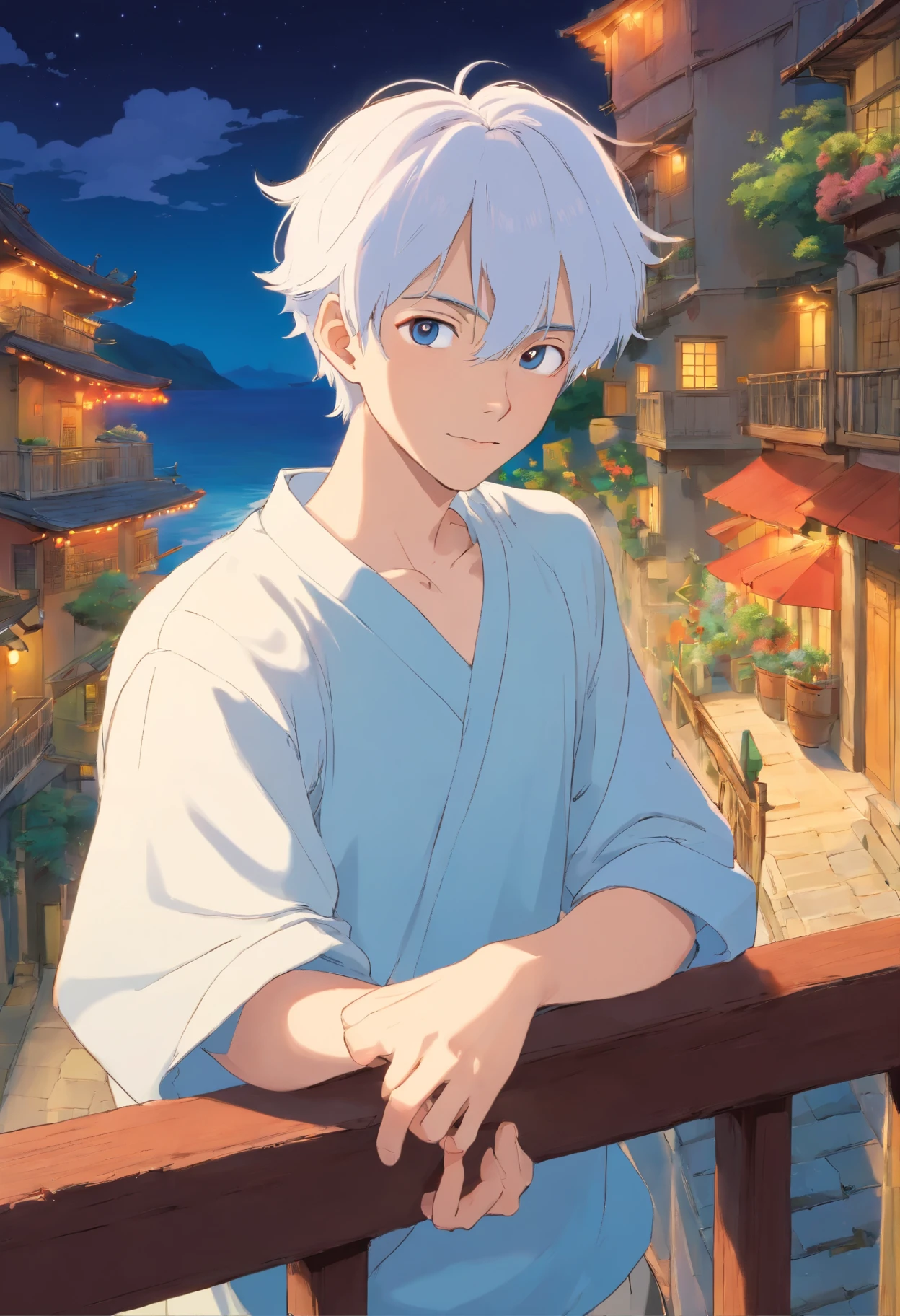 A 24-year-old albino young man. Ojos turquesa. de cabello blanco largo y lacio. Con ropa estilo gotica. un par de perforaciones en la oreja derecha. Looking into the camera with a flirtatious smile while leaning on a luxurious railing on a balcony. Detras se ve una playa de noche