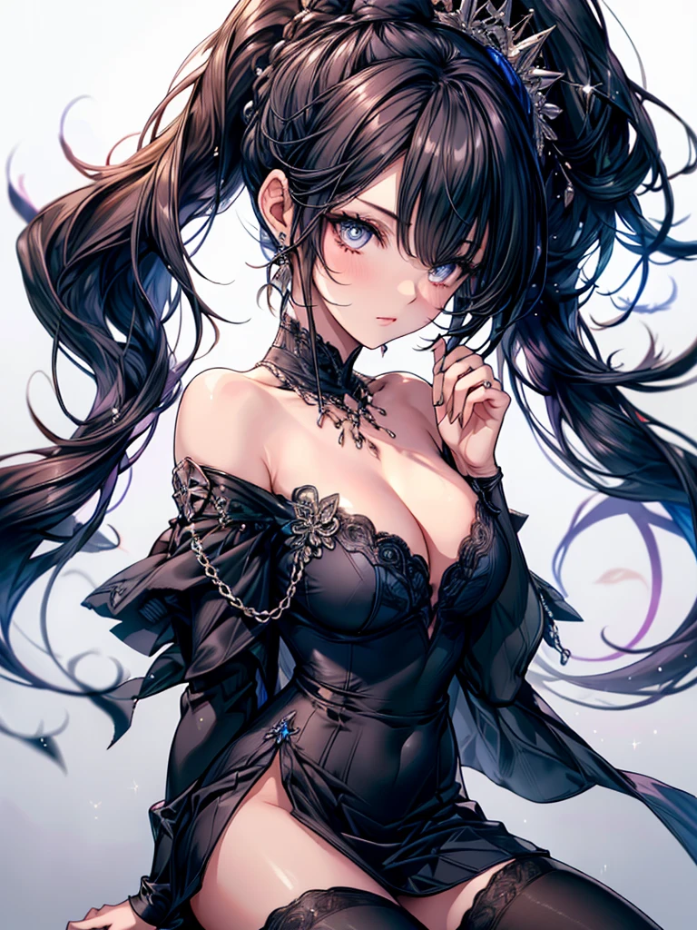masterpiece, highest quality, High resolution, SA1, Checked off-the-shoulder dress, black stockings, sparkling eyes, false eyelashes, ponytail,