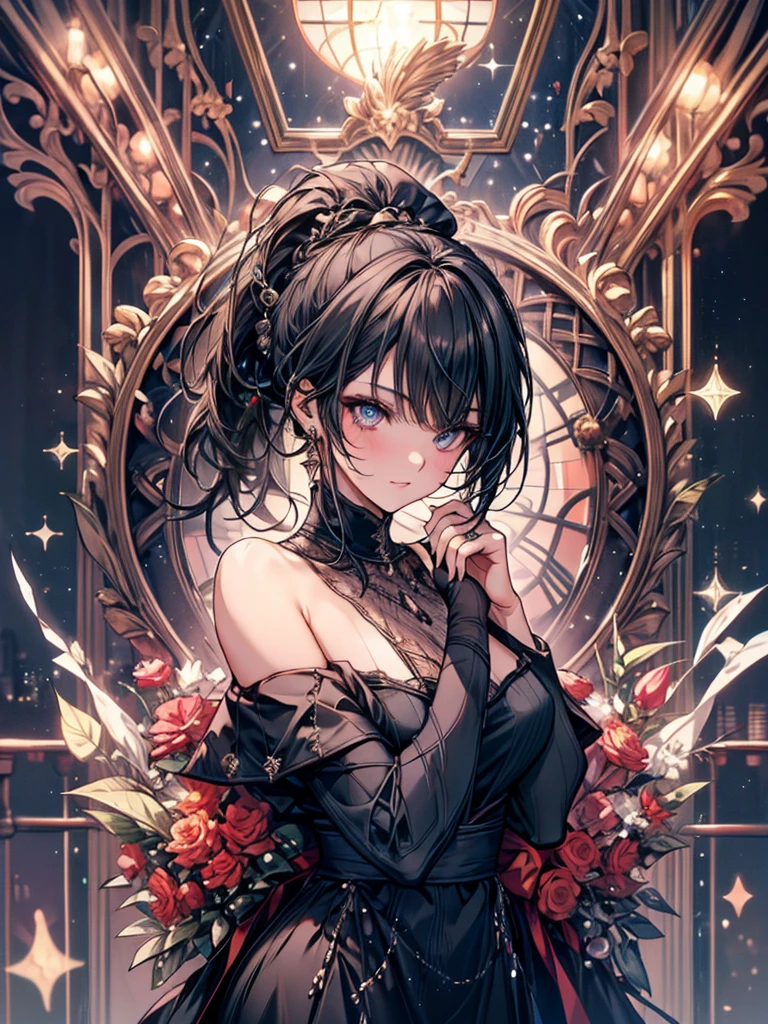 vampire woman, Victorian dress, absurdres, RAW photo, extremely delicate and beautiful, masterpiece, Best Quality, ultra high resolution, 32k, hyperrealistic, ultra-detailed, detailed description, pale skin, 20 years old, tearful mole, earring, medium breasts, short medium hair, wavy hair, whole body shot,