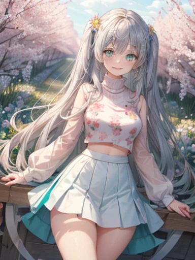 小さなgirl、The arrival of spring、thick thighs、thick thighs、 big ass、chest is small、(alone:1.5,)Super detailed,bright colors, very beautiful detailed anime face and eyes, look straight, ;d, shiny_skin,girl, ((silver long hair,Inner color is red 、forehead is exposed.、green eyes、、shiny hair, delicate beautiful face, blush、(turquoise eyes), White skin, Valletta, earrings,、blue flower field、(((Floral pink、turtleneck clothing、white tight skirt)))、twin tails、smile、happy face、face dyed red