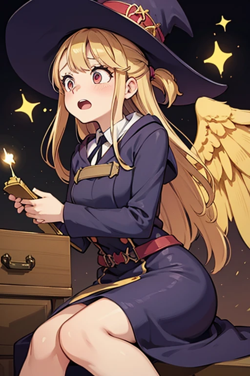 A golden haired female witch with hazel eyes with golden wings is wearing a Victorian dress is getting flustered while performing a spell