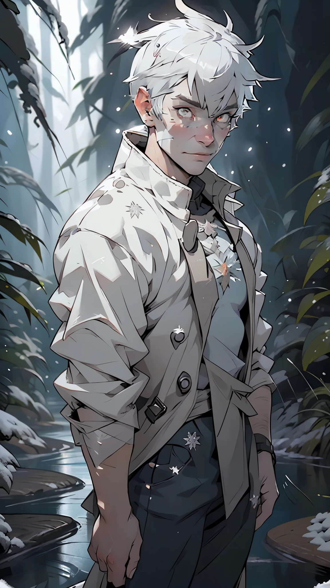 young korean idol boy, korean male, vertical pupils, cold look,  pale skin,18 years old, white pale skin, (silver messy hair, silver medium hair, silver hair), (((jack frost:1.5))), ice magic, frost magic, magic cold, handsome man,man:1.5,1 man,super manly korean man,((korean man)),(male,muscle,1boy, 1 boy,pectoral,man chest, muscular),young,((1male,1 male,1man,man,male gender:1.5,handsome man,male focus)),(((white_eyes:1.3))),intricate eyes,beautiful detailed eyes,symmetrical eyes,slanted eyes:1.3,nice hair style,((detailed face)), 

serious face,evil eyes, 

light modern clothes,(kpop white clothes),(((kpop crystal outfit,trench coat))),((bulge in pants)),((intricate outfit,intricate clothes)),

(dynamic pose:1.0),mocking,(centered,scale to fit dimensions,Rule of thirds),

((snowy pine forest at night, dark forest, swamp, murky water, foggy, creepy aura, eerie atmosphere)),with dark stormy clouds,winter,scenery:1.25,intricate scenery,((snow forest background)),

(Glossy winter ornaments),highres,sharp focus,(ultra detailed,extremely detailed),(photorealistic artwork:1.37),(extremely detailed CG unity 8k wallpaper),(((vibrant colors,vibrant theme))),(intricate),(masterpiece),(best quality),artistic photography,(photography taken by sldr),(intricate background),perfect rendered face,perfect face details,realistic face,photo realistic,((intricate detail)),(((realism))),
