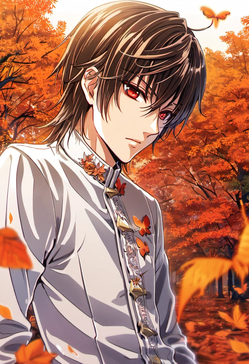 Ultra detailed, highres, absurdres, HDR, Kuran Kaname, brown hair, 1 man only, red eyes, Vampire Knight, handsome, butterflies, orange leaves, autumn, white uniform,