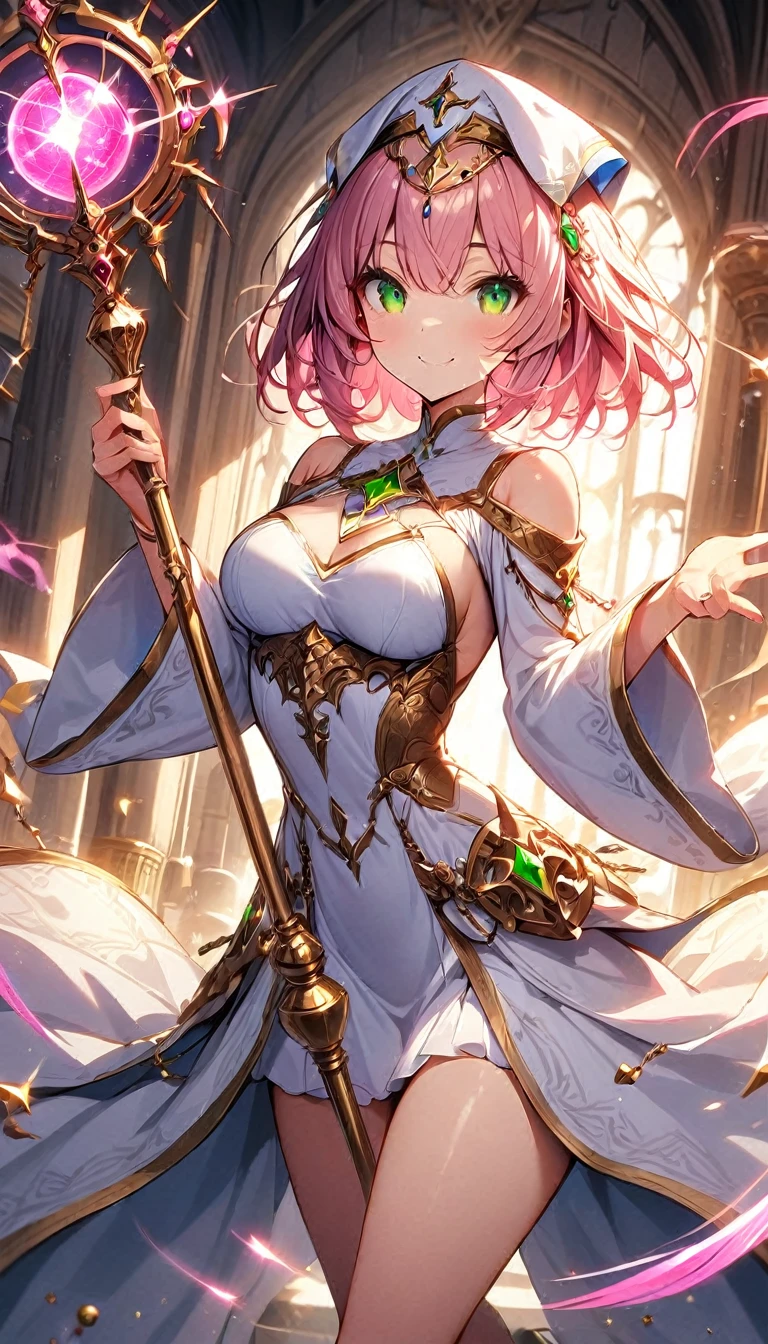 masterpiece,best quality, priestess, short hair,curly bob cut, detailed skin, pink hair, green eyes, perfect face, ((White_dress)), gold_ornaments, Staff , ((medium breasts)), smiling, 1girl, legs exposed, Perfect face, add_detail:1, add_detail:0, add_detail:0.5, ((Orbstaff))