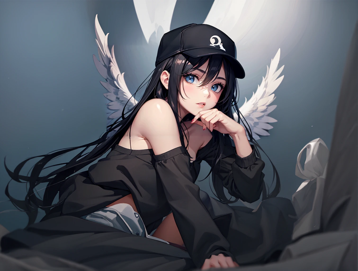 A lone angel with wings on each shoulder wearing a baseball cap floats in the sky. There is a woman with a (black baseball cap:1.5) and wings on her head., of an beautiful angel girl, angel girl, Wings only on both shoulders. Realistic anime 3d style, Gwaites style artwork, beautiful angel, Girl with angel wings, beautiful digital artwork, of beautiful angel, beautiful angel girl portrait, beautiful anime girl, anime style 4k, realistic 3d animation