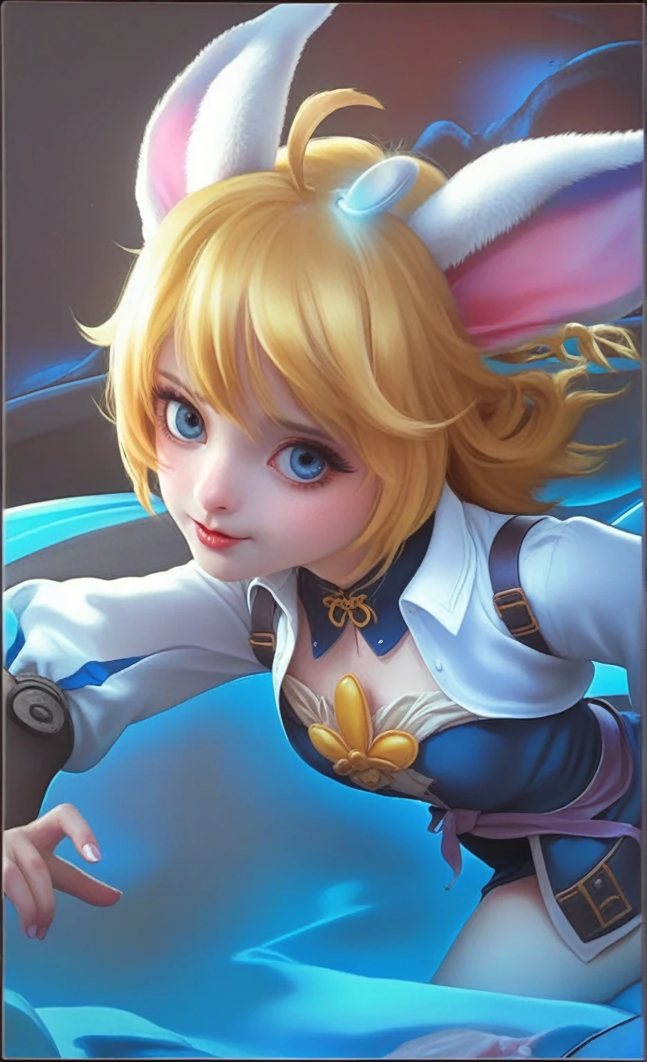 A girl with yellow hair a rabbit ear wearing a white sleve and blue shirt