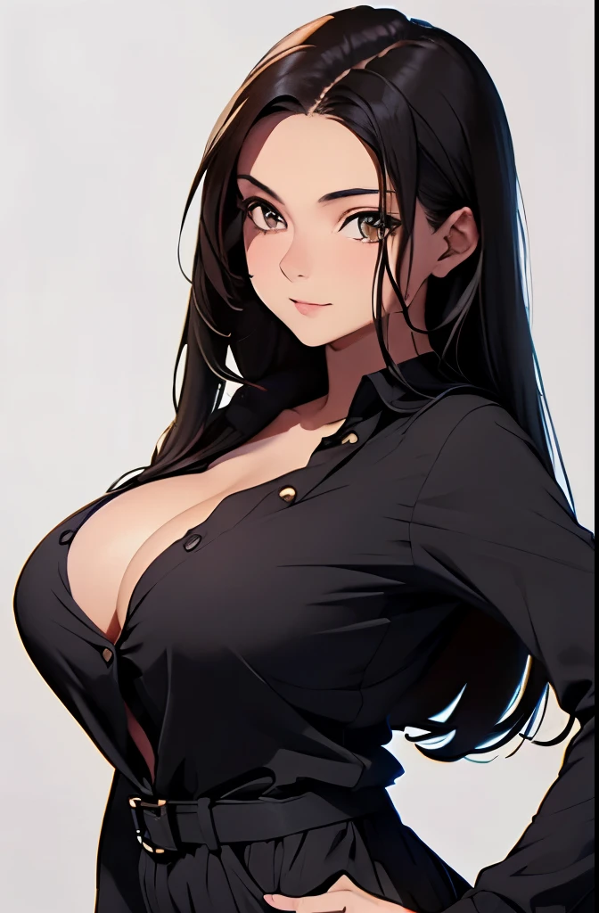(best quality, masterpiece:1.2), Sketch full view of a hot looking fair skin 29 year old woman standing in front of us. She has brown eyes and long straight black hair. She has massive breasts, large breasts, big breasts, huge breasts. She has a nice curvy physique. She is wearing a solid slim button long-sleeved shirt dress. Apartment background. Sketch. Shading. Lighting.