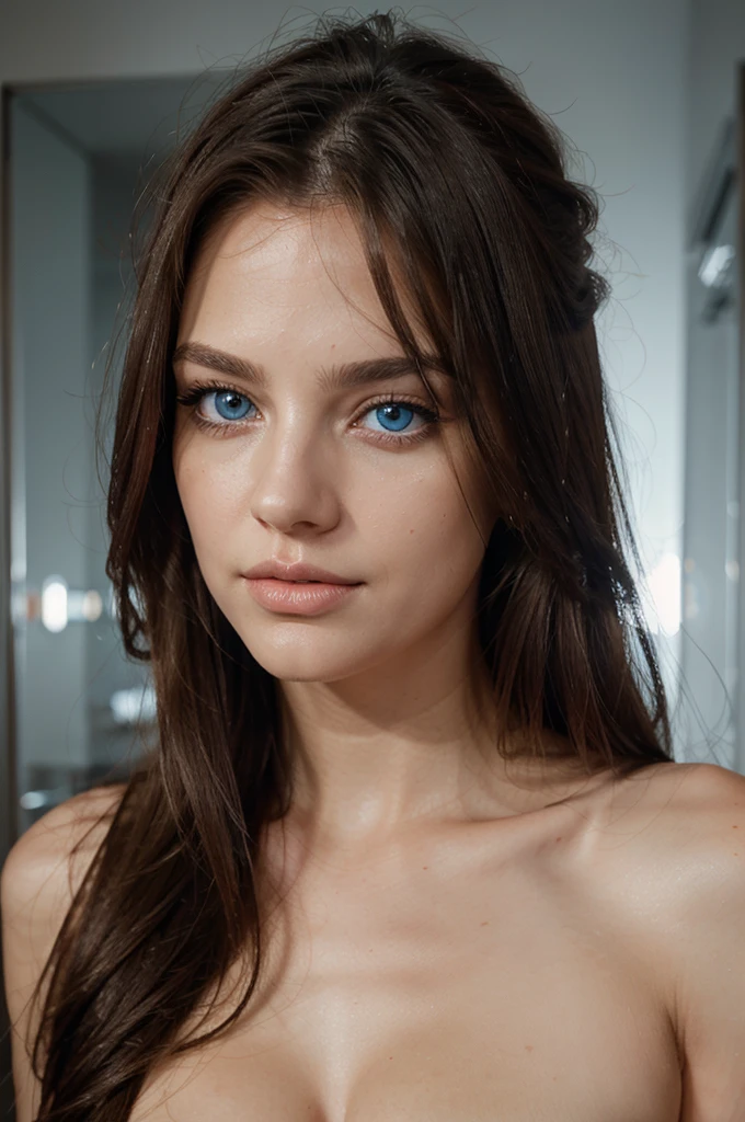 lips and blue eye, lighting should emphasize the details, especiality around the eyes and lips, hairs should appear natural, flowing loosely and slightly tousled, facial expression should be relaxed and the subjet's face and hair