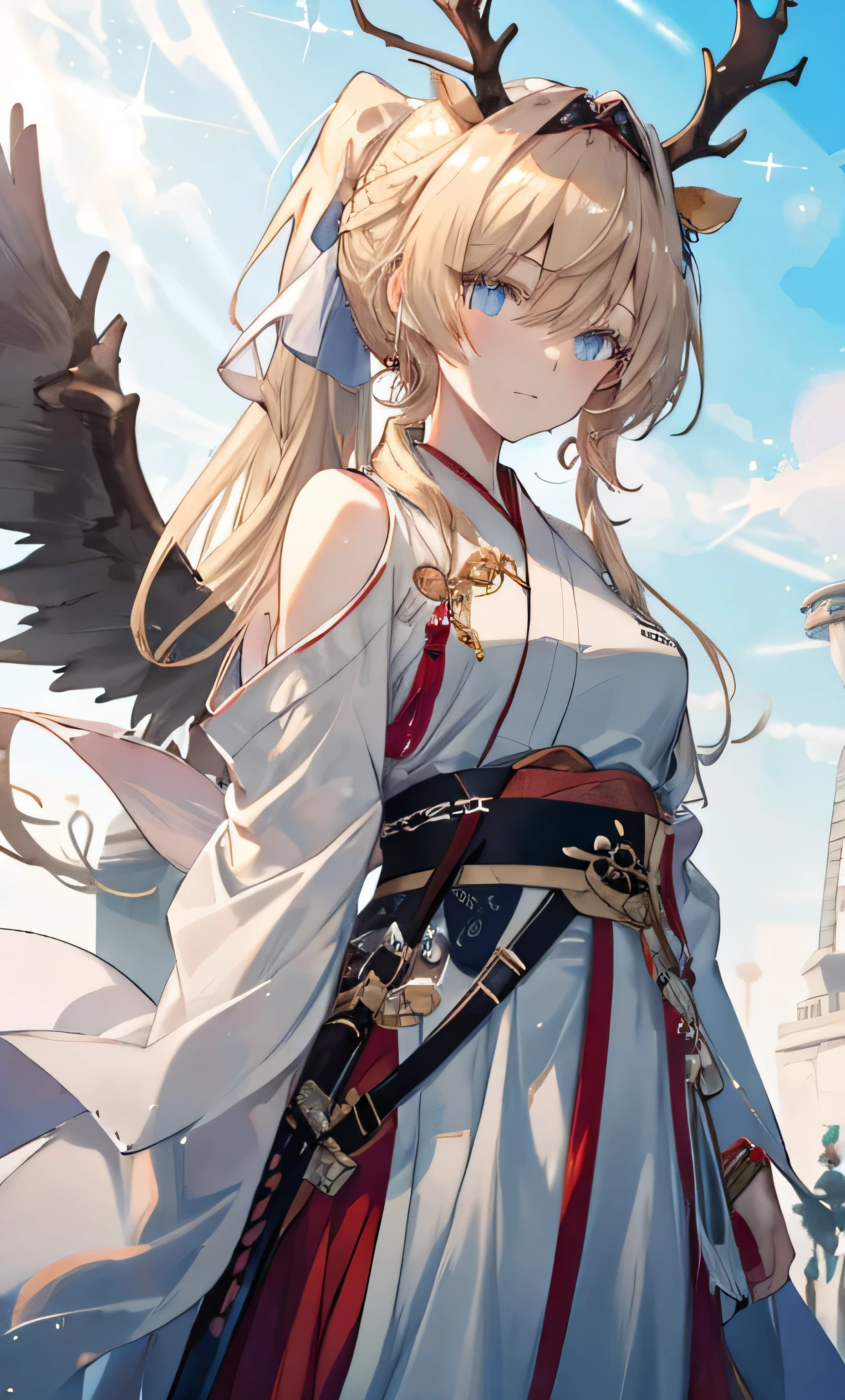 Masterpiece, Best quality, 1girll, golden hair, blue color eyes, Female swordsman walking, Dutch angle, Cinematic, voluminetric lighting, rays of sunshine, Soft lighting, mistic, magical, rim lit, fantasy, Sparkle, glimmering, Ponytail hairstyle, Hanfu, Carry a sword on his back, Ancient China, White and yellow clothes, Bird, The crane, Long hair, thick eyebrow