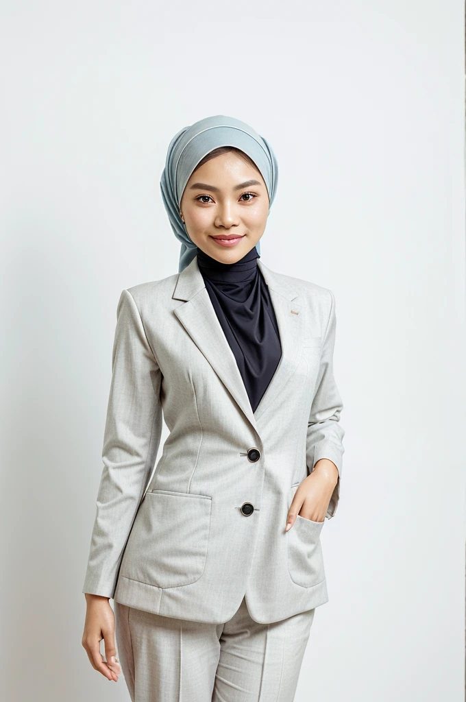 35 year old malay asian lady on white background, taking a passport photo, wearing hijab perfect neat styling, plain, proper formal attire, colored blazer, half body, mid shot, standing straight, hand down, looking at camera, smiling, soft smile, professional , front view, straight front view.