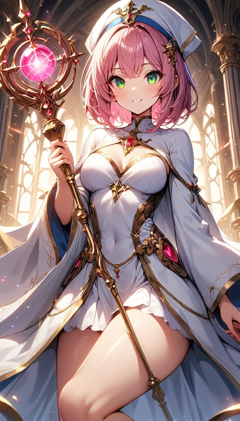 masterpiece,best quality, priestess, short hair,curly bob cut, detailed skin, pink hair, green eyes, perfect face, ((White_dress)), gold_ornaments, Staff , ((medium breasts)), smiling, 1girl, legs exposed, Perfect face, add_detail:1, add_detail:0, add_detail:0.5, ((Orbstaff))