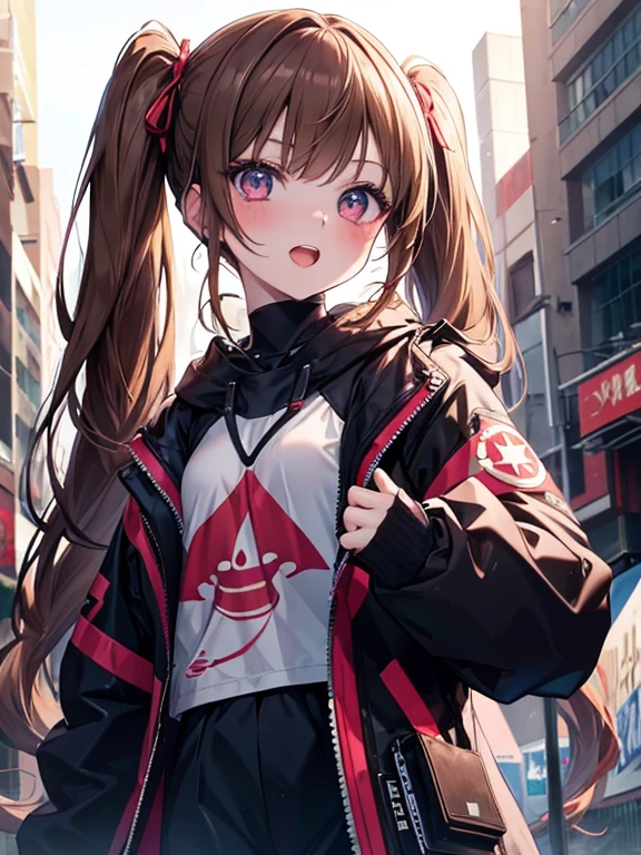 masutepiece, Highest Quality, (Perfect face:1.1), (high detailing:1.1), (ultradetailed eyes), Dramatic, superfine illustration, Extremely detailed,1girl in, (pale skin), Happy, Laugh, Enjoy, Cheerful,Open mouth,gloweyes, brown hair, (long twintail),Ethereal eyes, brown eye,blush, Solo,Pouty lips,Cinematic lighting,Cowboy Shot, cyberpunk clothing, modern clothes, Looking at Viewer