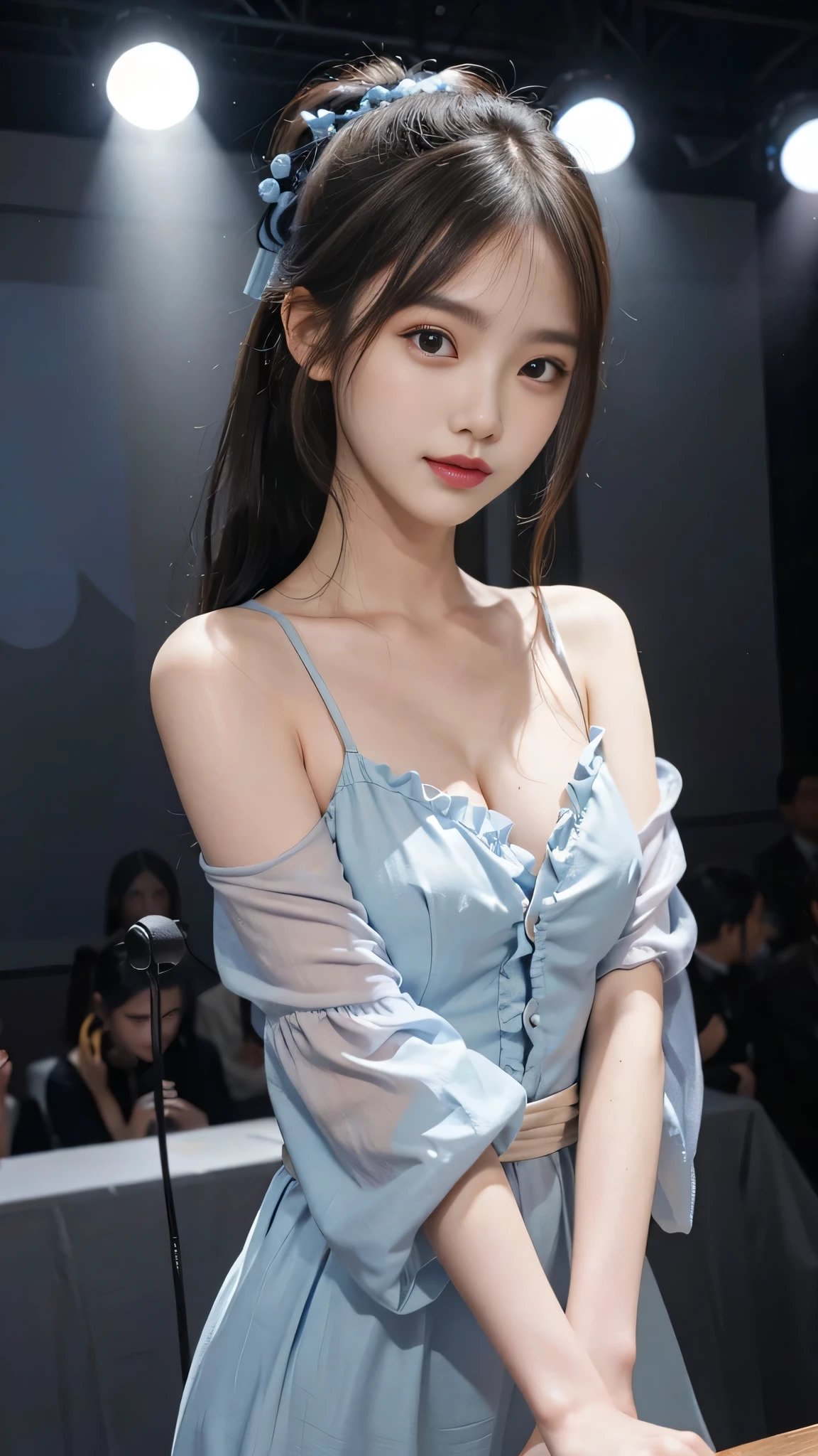 close up face,standing on stage,Blue colored long dress with lots of ruffles,One woman,masutepiece, The highest image quality, High quality, the background is clear,Beautiful woman, Japanese, Detailed, Detailed eyes, Detailed skin, Beautiful skin, 超hight resolution, (reality: 1.4),Very beautiful woman, Slightly younger face, Beautiful skin, slender, (Ultra photo realsisim), (hight resolution), (8K), (Very detailed) (beautifully detailed eyes), (super detailed), (Detailed face), view the viewer, Fine details, Detailed face, Staring straight ahead, Staring straight ahead, photos realistic, Bright lighting, Professional Lighting, Black hair,poneyTail,a baby face,fifteen years old,Hairstyle is ponytail,long ponytail hairstyle,slight smile,neat and tidy clothing,Beautiful Japanese KPOP idol photo, hair style is ponytail, my eyes are double and wide, baby face, smile and look straight ahead, slender, small breasts,Blue ribbon on head,