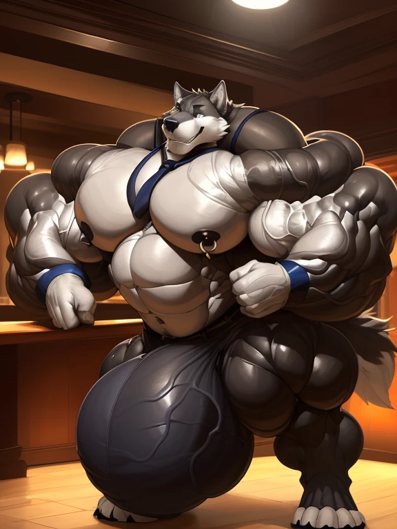 4k, high resolution, best quality, perfect lightning, perfect shadows, solo, anthro, young, boy, wolf, furry body, (fluffy mane:1.2), fluffy tail, male, adult, (bulky2:0, thick muscles2:0, huge muscles:2.0, hyper muscles:2.0), (thick biceps, veiny biceps, big broad veiny pecs:2.0, broad shoulders:2.0), (thick legs, thick calves:1.1), (digitigrade legs, 4 toes:1.2), (huge bulge:2.0, hyper bulge:2.0), perfect colors, (photorealistic fur, detailed fur, epic, masterpiece), (suggestive posing:1.2), (seductive smile, lustful grin 1.3), detailed modern bar, (black leather jacket, open jacket, tie, black shorts), detailed wolf eyes, by k0suna, by darkgem,nipple ring,big pecs:2.0,hyper arms:2.0,veins,massive bulge:2.0