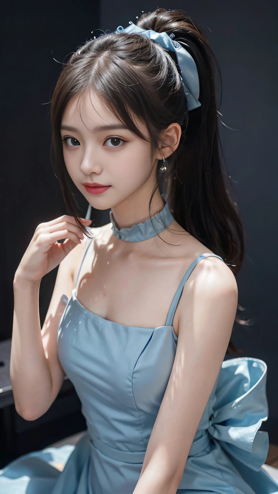 close up face,standing on stage,Blue colored long dress with lots of ruffles,One woman,masutepiece, The highest image quality, High quality, the background is clear,Beautiful woman, Japanese, Detailed, Detailed eyes, Detailed skin, Beautiful skin, 超hight resolution, (reality: 1.4),Very beautiful woman, Slightly younger face, Beautiful skin, slender, (Ultra photo realsisim), (hight resolution), (8K), (Very detailed) (beautifully detailed eyes), (super detailed), (Detailed face), view the viewer, Fine details, Detailed face, Staring straight ahead, Staring straight ahead, photos realistic, Bright lighting, Professional Lighting, Black hair,poneyTail,a baby face,fifteen years old,Hairstyle is ponytail,long ponytail hairstyle,slight smile,neat and tidy clothing,Beautiful Japanese KPOP idol photo, hair style is ponytail, my eyes are double and wide, baby face, smile and look straight ahead, slender, small breasts,Blue ribbon on head,