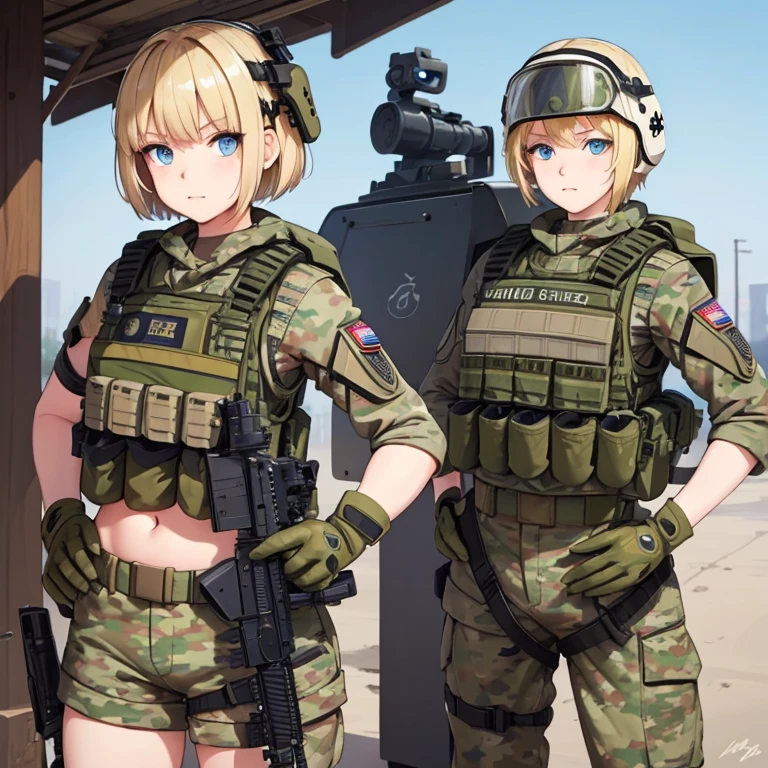 Young girl, short blonde hair, blue eyes, soldier's camouflage uniform, sleeveless, open belly, tactical helmet, mount mask, gun, serious look, masterpiece, high quality