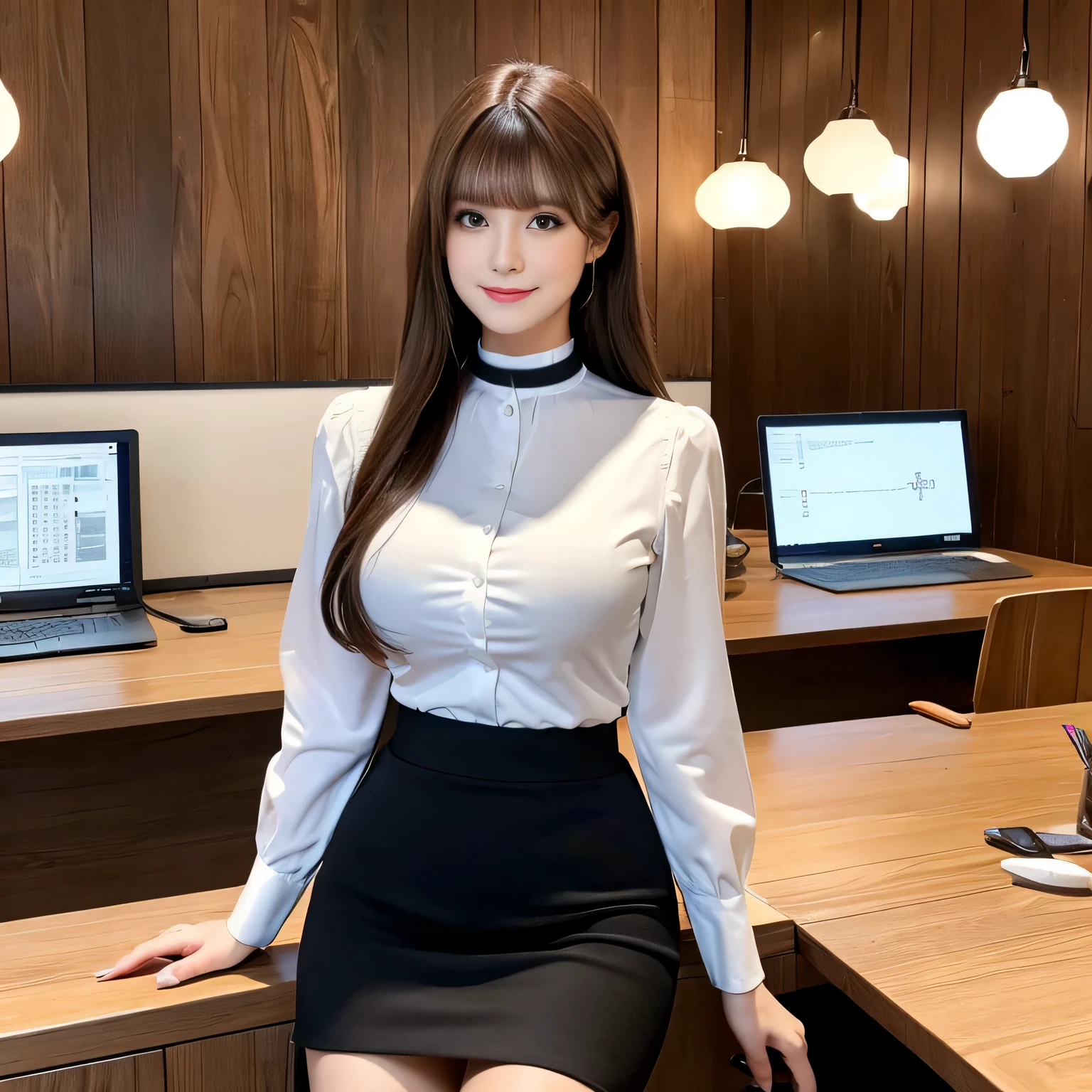 ((highest quality, 8K, Representative works in detail, ultra high resolution)), (Group photo), (looking at the viewer), (middle shot), Five attractive business women, 5 people, big breasts, white collared shirt, skirt, Sitting and working in the office, smile, CEO's Office, ((black choker)), slim body shape, big breasts, blue color contacts, long eyelashes, bangs, Beautiful shiny brown hair, Nogizaka Idol, Medieval style room, Wood grain walls, Wooden furniture