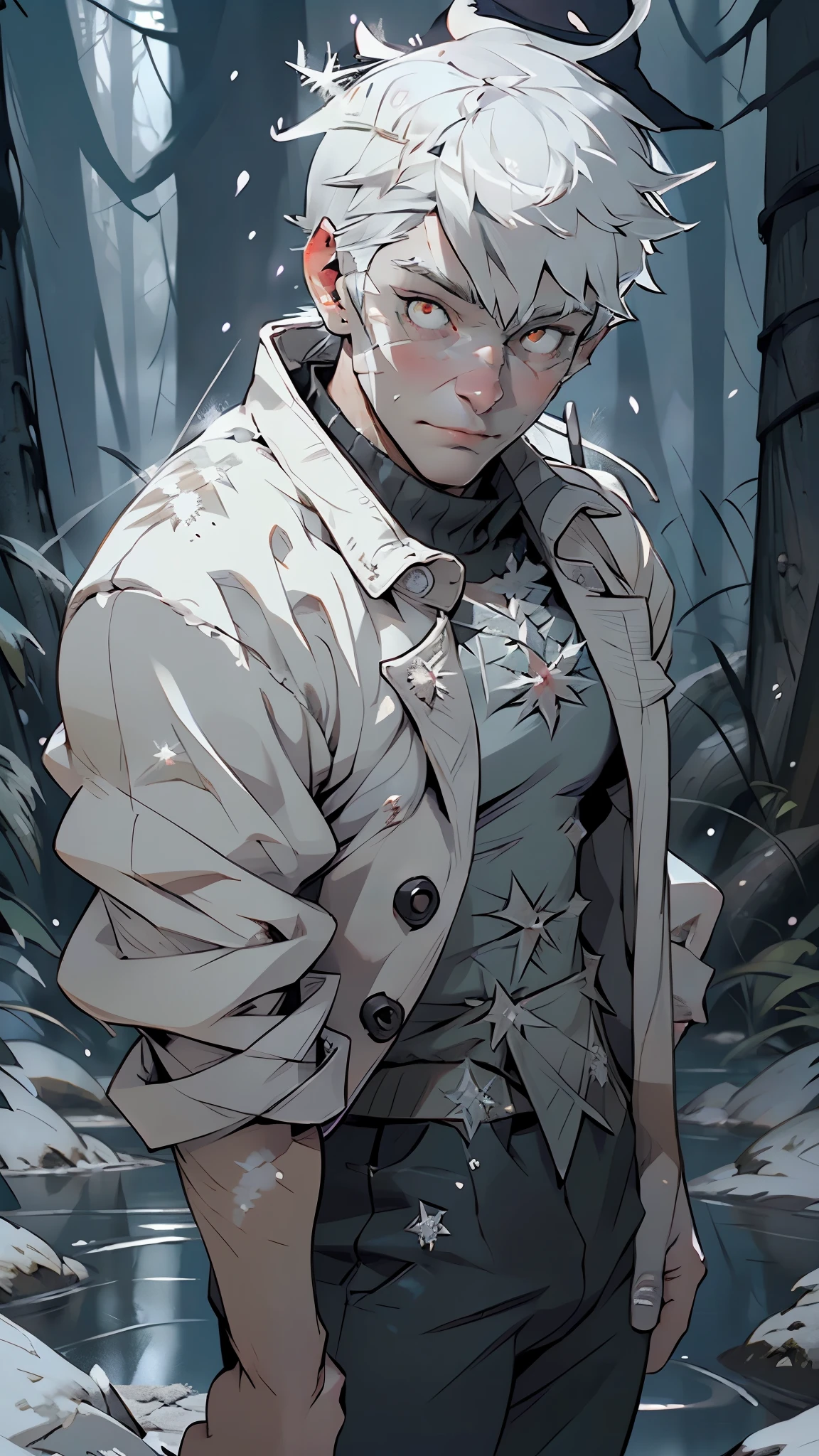 young korean idol boy, korean male, vertical pupils, cold look, pale skin,18 years old, white pale skin, (silver messy hair, silver medium hair, silver hair), (((jack frost:1.5))), ice magic, frost magic, magic cold, handsome man,man:1.5,1 man,super manly korean man,((korean man)),(male,muscle,1boy, 1 boy,pectoral,man chest, muscular),young,((1male,1 male,1man,man,male gender:1.5,handsome man,male focus)),(((white_eyes:1.3))),intricate eyes,beautiful detailed eyes,symmetrical eyes,slanted eyes:1.3,nice hair style,((detailed face)),
serious face,evil eyes,
light modern clothes,(kpop white clothes),(((kpop crystal outfit,trench coat))),((bulge in pants)),((intricate outfit,intricate clothes)),
(dynamic pose:1.0),mocking,(centered,scale to fit dimensions,Rule of thirds),
((snowy pine forest at night, dark forest, swamp, murky water, foggy, creepy aura, eerie atmosphere)),with dark stormy clouds,winter,scenery:1.25,intricate scenery,((snow forest background)),
(Glossy winter ornaments),highres,sharp focus,(ultra detailed,extremely detailed),(photorealistic artwork:1.37),(extremely detailed CG unity 8k wallpaper),(((vibrant colors,vibrant theme))),(intricate),(masterpiece),(best quality),artistic photography,(photography taken by sldr),(intricate background),perfect rendered face,perfect face details,realistic face,photo realistic,((intricate detail)),(((realism))),