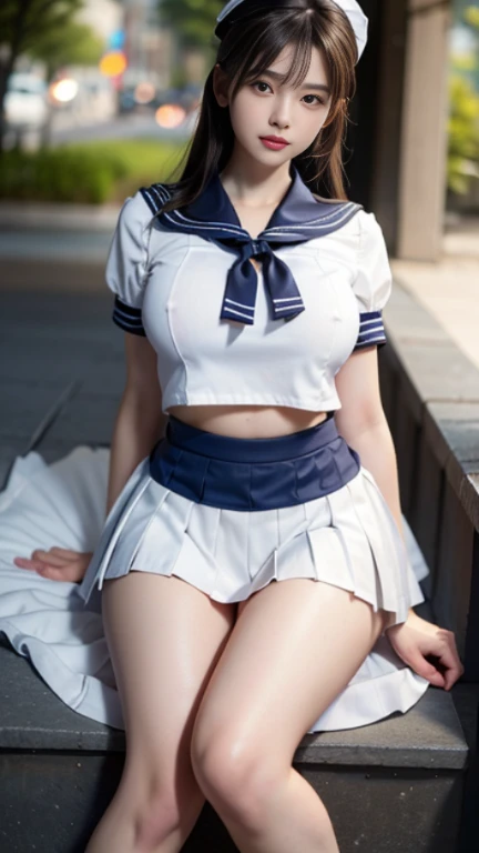 (highest quality:1.4), (hyper quality), (Super detailedな), 1 beautiful girl, very cute, wonderful face and eyes, not aware of this, (A short-sleeved sailor suit made of thin white fabric.,super sheer, Grey pleated micro mini skirt:1.5), (Beautiful and incredibly big breasts:1.3), (slender body:1.1), (thin thin legs), (very thin waist), belly button, realistic skin texture, bangs:1.3, bright and glossy lips, Beautiful goddess descends, beautiful background, golden ratio, conceptual art, Super detailed, Accurate, advanced details, outdoor, sexy art, Enveloped in the summer sun, bright light, Super delicate illustration details, 8k wallpaper that combines high-definition CG, Raw photo, professional photos, cinematic lighting, Depth of written boundary, (Uniform and no bra:1.2), (The shape of her nipples is visible through her uniform.:1.2), (The nipple protrusions lift the uniform), (Her big breasts stretch her uniform:1.2), I'Chest massage makes you short of breath, Cropped top with fluttering hem:1.3, underboob:1.3, (High heels on bare feet)