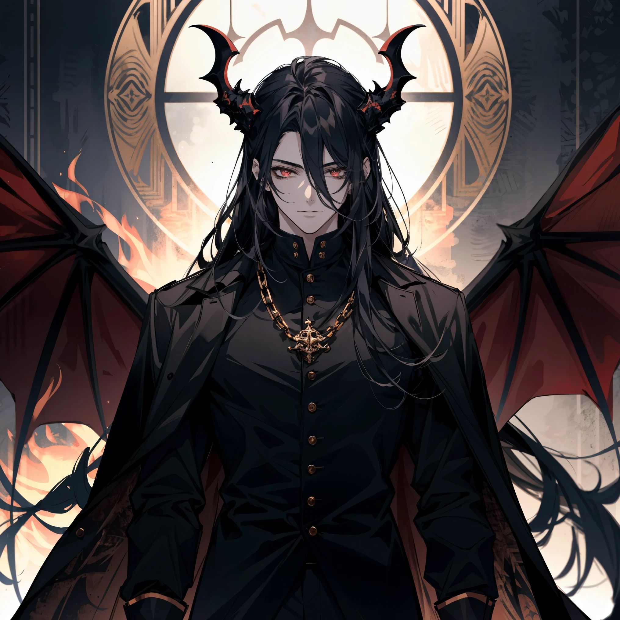 1 male, teenager, wearing a black shirt, black long pants, black hair, long hair, long black trench coat, face to detail, detailed eyes, light red eyes, the background is Hell surrounded by demons, Demon wings, demon horns. golden chains and a black crown on his head.