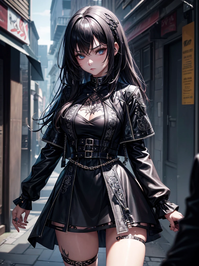 1 girl, young girl, goth , dressed in modern black gothic dress, Short Black Leather Jacket, Dark black make-up, emotionless, Lots of metal accessories and chains, tattoo, walking down the street, very detailed, vivid appearance, creative action, very detailed, imaginative, , Voluntary, highest quality, skin texture, intricate details, (cinematic lighting), Raw photo, 8K, masterpiece,highest quality,Super detailed,very detailedイラスト,very detailed,intricate details,High resolution,超intricate details,very detailed 8K cg wallpaper,
