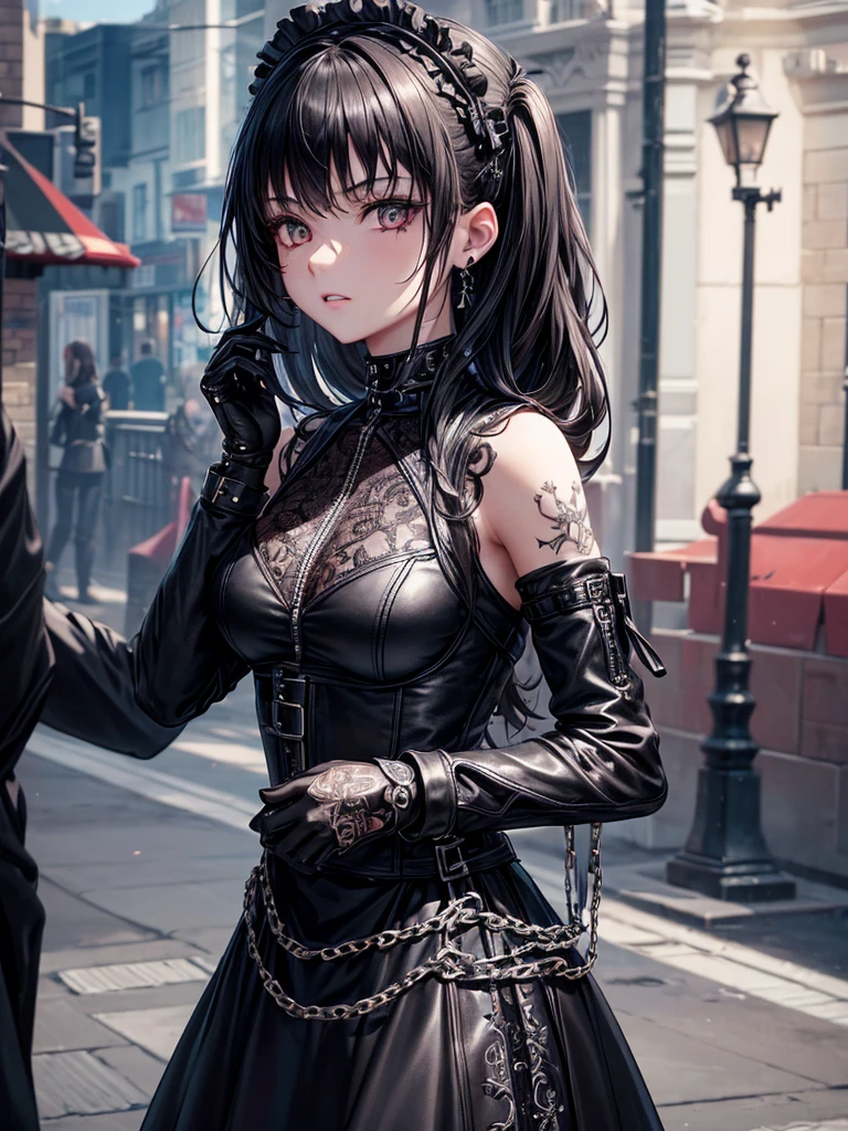 1 girl, young girl, goth , dressed in modern black gothic dress, Short Black Leather Jacket, Dark black make-up, emotionless, Lots of metal accessories and chains, tattoo, walking down the street, very detailed, vivid appearance, creative action, very detailed, imaginative, , Voluntary, highest quality, skin texture, intricate details, (cinematic lighting), Raw photo, 8K, masterpiece,highest quality,Super detailed,very detailedイラスト,very detailed,intricate details,High resolution,超intricate details,very detailed 8K cg wallpaper,