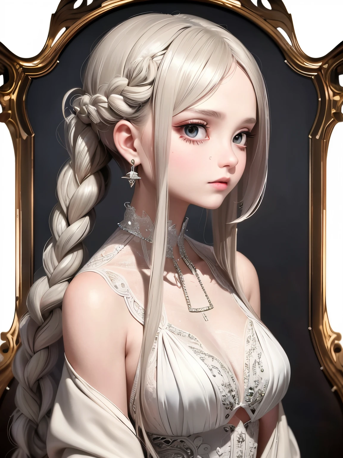 In this breathtakingly beautiful masterpiece, a young girl is depicted in exquisite detail and textures. With best quality and ultra-high resolution, every intricate detail stands out, revealing the actual beauty of her presence. The front lighting illuminates her upper body, accentuating the tear nevus on her face and highlighting the prominent features of her detailed face. With a silver ponytail and braids, her big eyes gleam, reflecting the professional lighting of the VIP room. Her skin, as pure as silk, glows under the hollow pattern of her white silk robe, contrasting with the dark surroundings. The essential accessories adorn her, including earrings that sparkle and medium