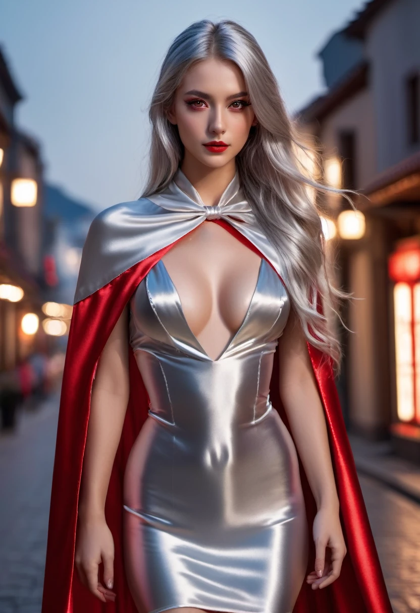 (RAW Photo) , (highly detailed:1.20) , ultra realistic :1.10) ,sexy girl in her 20s , (perfect face:1.20) , (detailed red eyes:1.20) , with long silver hair in ponytail , (((long silver satin cape tied at the neck with a ribbon :1.20))) , naked  , full body, walking down street at night , high-quality ultra realistic style, detailed eyes, professional, expressive , 8K , highly detailed , professional,