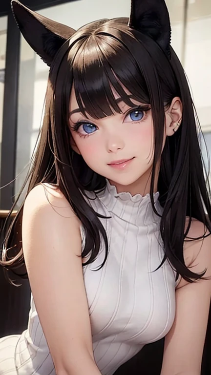 (8K, 超High resolution, highest quality, debris flies:1.2),(26 years old:1.2)、(big smile)、(look away)、8K、Japanese girl raw portrait、超High resolution、highest quality、 (small breasts:1.5),(sleeveless knit dress:1.5)、(from below:1.2)、walk、support your chest with your hands、(panty shot:1.2)、(city:1.4) Blake is (natural skin texture、fine skin、hyper realism、Super sharpness)、intricate details、Depth of written boundary、idol sculpture、actress model pose、 lady、、long light brown hair、Rear view、beautiful butt、star piece、highest quality、High resolution))、(1 girl)、(realistic:1.4)、alone、close your mouth、Smile、smile happily、pretty black hair、Big eyes、Clear double eyelids、eyelash、stick out ears、long neck、Absolute area、beautiful clavicle、perfect face、bangs、きれいなbangs、thin lips、Fair skin、small face、face becomes smaller、draw all the heads、look slightly upward at the camera、(look at the audience、eye highlights、Beautiful blue eyes、lip gloss chest bulge、squat、white boots、