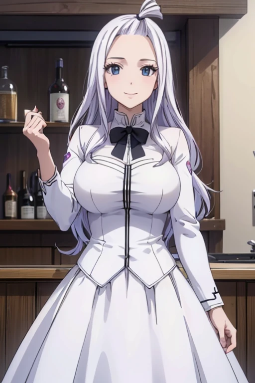 (best quality,4k,8k,highres,masterpiece:1.2),ultra-detailed,realistic,photorealistic:1.37, Mirajane Strauss, with a beautiful smile, wearing a white suit dress 