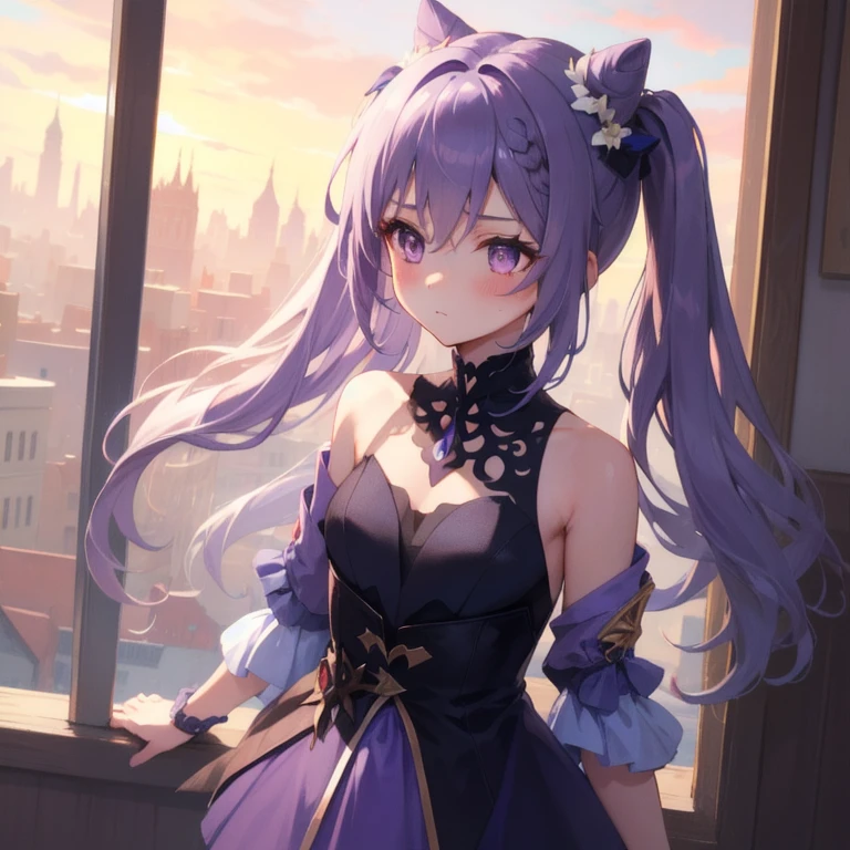 long purple hair, purple eyes, beautiful, Tiny, attention, Shy, blush, love me with all your heart, Trustworthy, view, best quality, detail, ultra high definition, masterpiece, alone