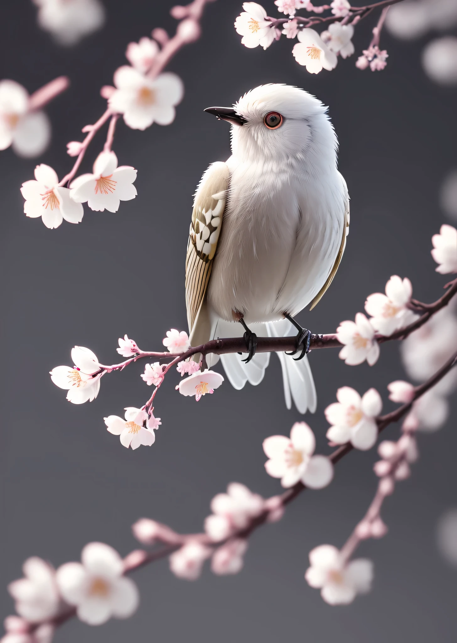 A beautiful white-eye bird perched on a white cherry blossom branch., dark, dawn, (cold morning: 1.1), (morning dew: 1.15), realistic pictures, (low photo: 1.2), detailed, 8K, (to8 contrast style), (haze: 0.7), bright colors, Sony a6600 mirrorless camera, Decoration 2 --v 6