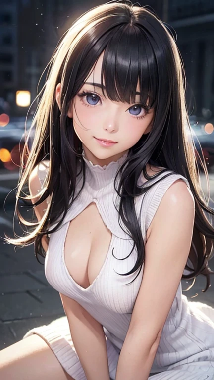 (8K, 超High resolution, highest quality, debris flies:1.2),(26 years old:1.2)、(big smile)、(look away)、8K、Japanese girl raw portrait、超High resolution、highest quality、 (small breasts:1.5),(sleeveless knit dress:1.5)、(from below:1.2)、walk、support your chest with your hands、(panty shot:1.2)、(city:1.4) Blake is (natural skin texture、fine skin、hyper realism、Super sharpness)、intricate details、Depth of written boundary、idol sculpture、actress model pose、 lady、、long silver hair、Rear view、beautiful butt、star piece、highest quality、High resolution))、(1 girl)、(realistic:1.4)、alone、close your mouth、Smile、smile happily、pretty black hair、Big eyes、Clear double eyelids、eyelash、stick out ears、long neck、Absolute area、beautiful clavicle、perfect face、bangs、きれいなbangs、thin lips、Fair skin、small face、face becomes smaller、draw all the heads、look slightly upward at the camera、(look at the audience、eye highlights、Beautiful light blue eyes、lip gloss chest bulge、squat、white boots、