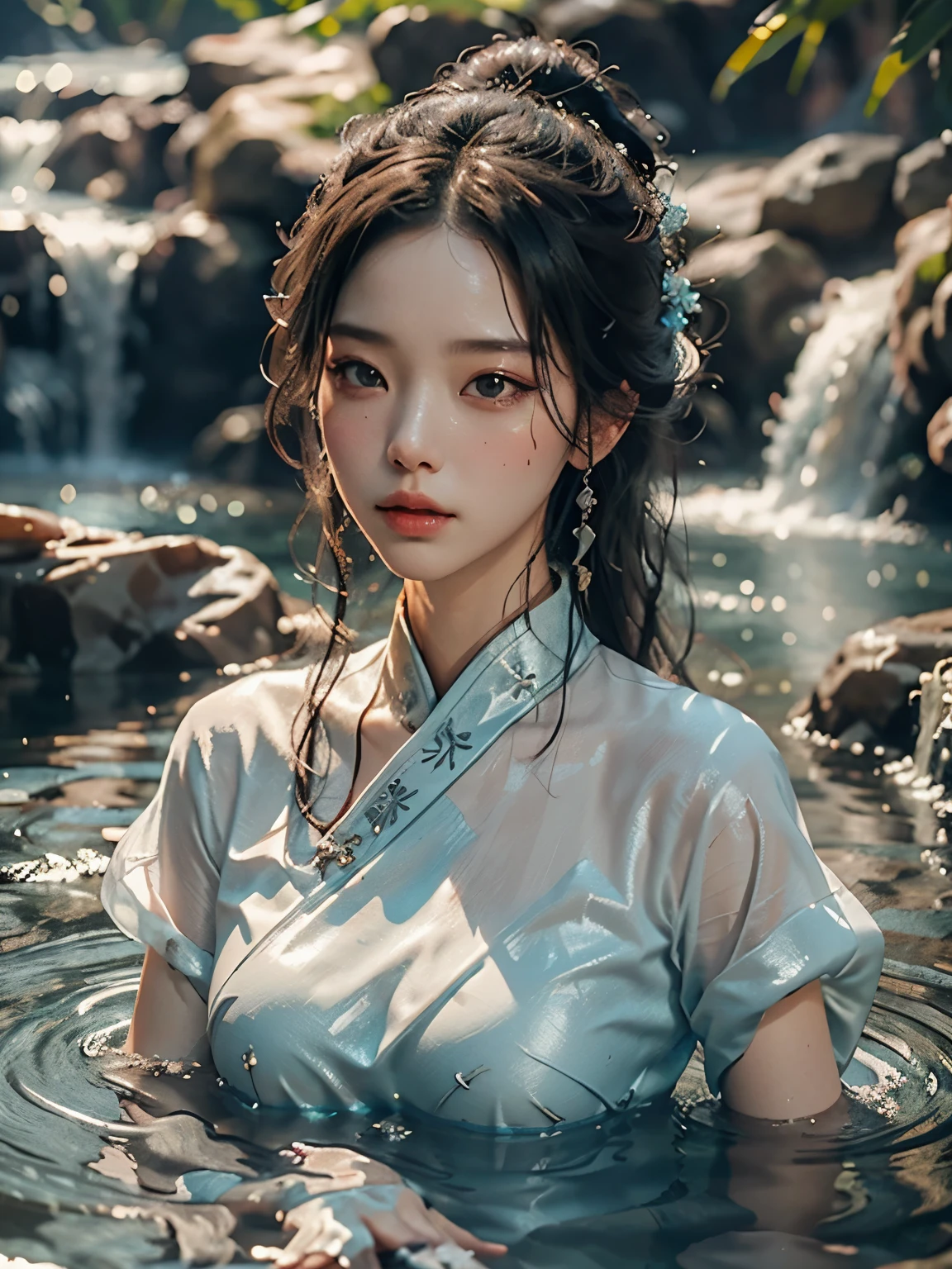 Epic Water Bending Shot: A stunning image of a beautiful Chinese woman in the wuxia genre, masterfully executing the art of water bending in front of a serene pond. The winning photo showcases an extremely close focus on her intricately detailed, photorealistic eyes, with a bokeh effect skillfully applied to the background. The hyperrealistic illustration style is evident in the super super details of her facial features and the water around her, bringing the scene to life in a breathtaking way. With Movie screenshots created using Unreal Engine, Zbrush3D art, and ArtVray renderings, the glow special effects and post-processing techniques, such as