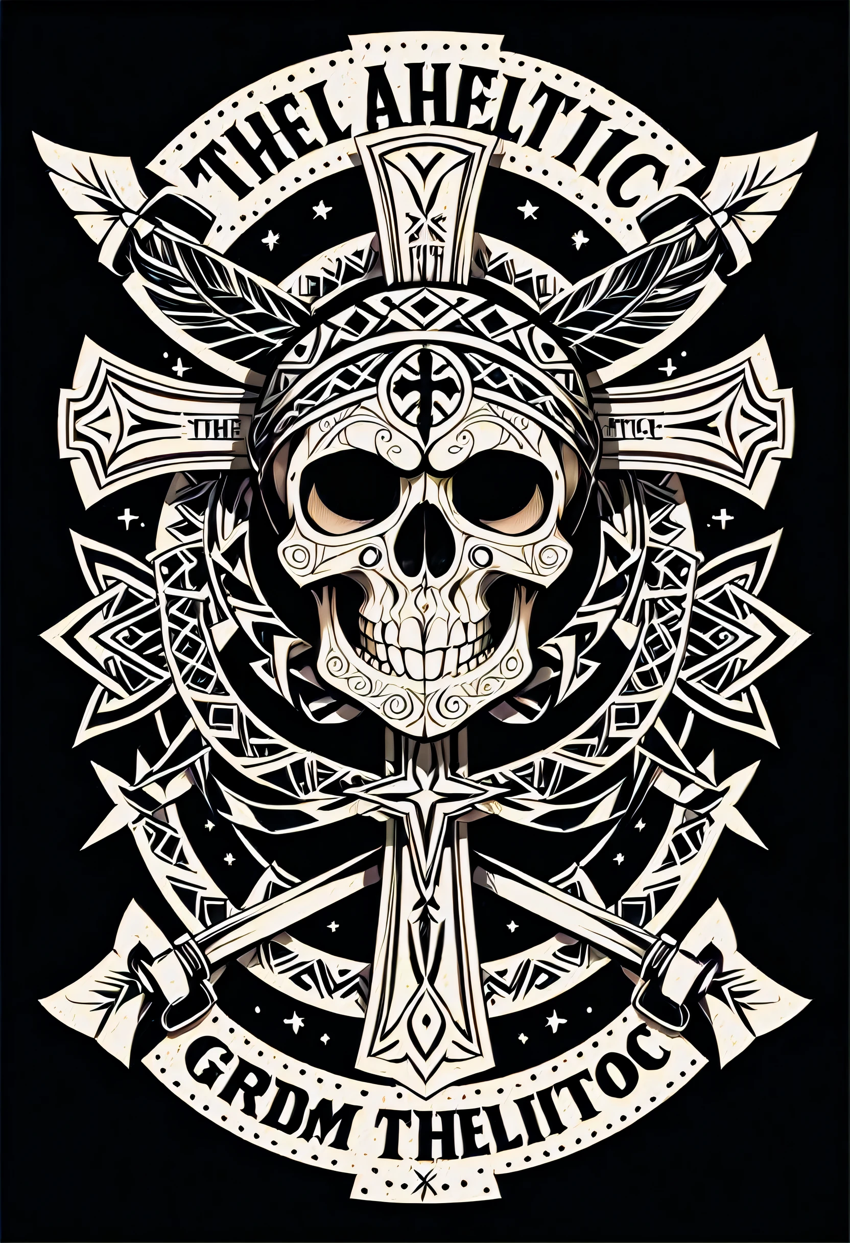 (best quality,black background:1.2),bold outlined emblematic cross , vintage with text ribbons . in a regular geometric symmetric style, The Grind Athletics tattoo tribal, with skull