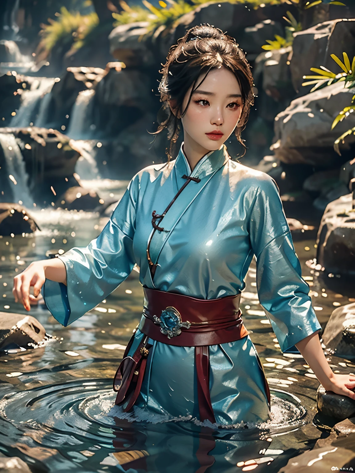 Epic Water Bending Shot: A stunning image of a beautiful Chinese woman in the wuxia genre, masterfully executing the art of water bending in front of a serene pond. The winning photo showcases an extremely close focus on her intricately detailed, photorealistic eyes, with a bokeh effect skillfully applied to the background. The hyperrealistic illustration style is evident in the super super details of her facial features and the water around her, bringing the scene to life in a breathtaking way. With Movie screenshots created using Unreal Engine, Zbrush3D art, and ArtVray renderings, the glow special effects and post-processing techniques, such as